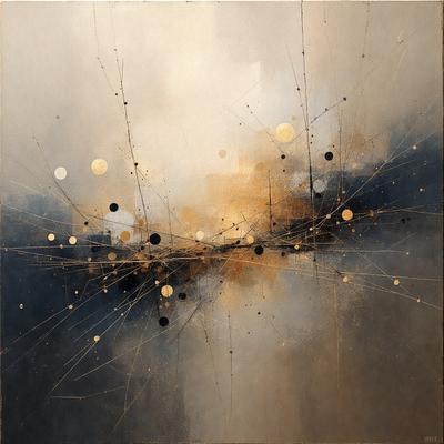 The primary subject of the image is a painting featuring a variety of shapes, colors, and patterns. The setting is a white background, which provides a clean and minimalist appearance. The visual style is a mix of digital art and illustration, creating a unique and artistic representation. The dominant colors in the painting are gold, black, and white, which contribute to a warm and sophisticated atmosphere.